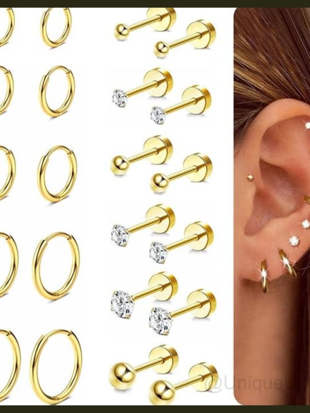 14K Gold Plated Surgical Stainless Steel Flat Back Stud Earrings Set